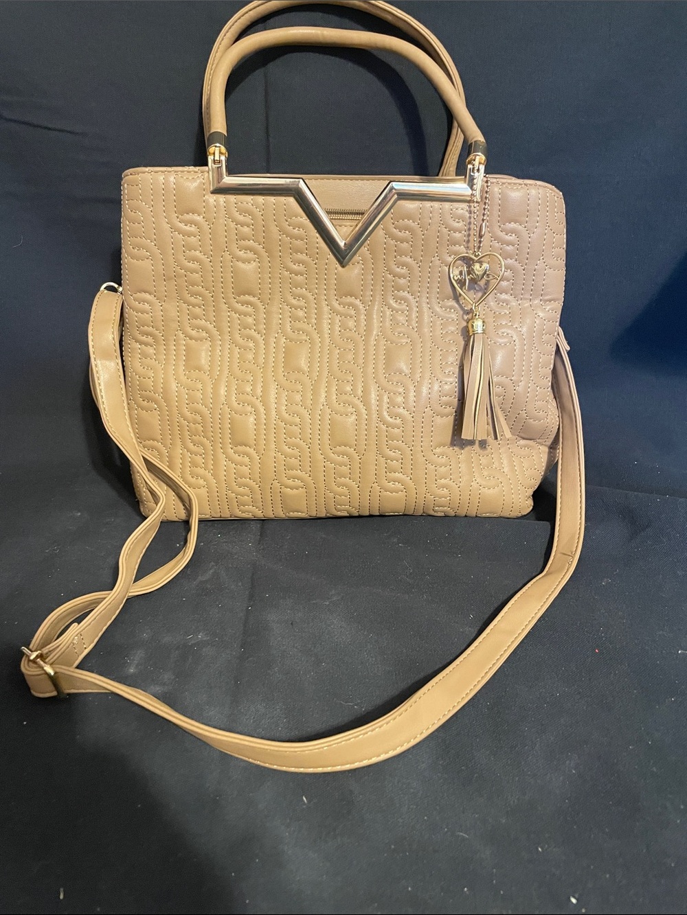 Quilted Tan Shoulder Bag with Heart Tassel Accent